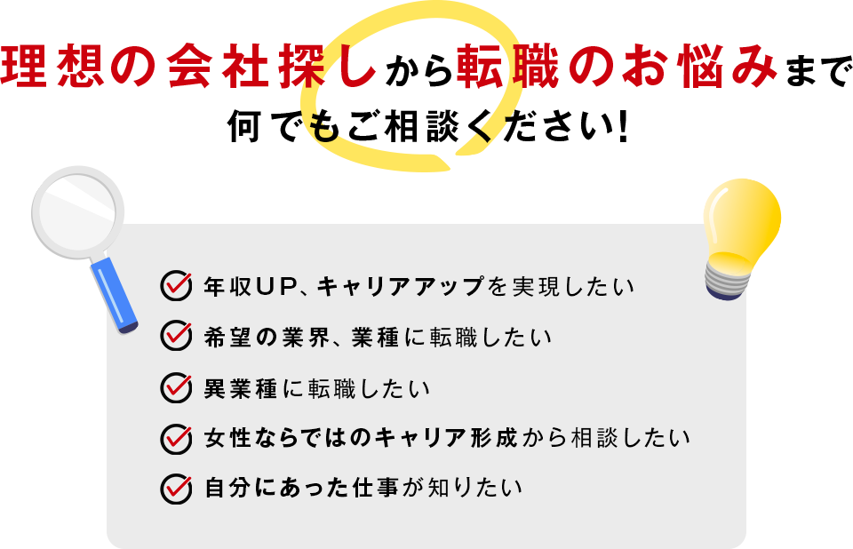 理想の会社探しから転職のお悩みまで何でもご相談ください！